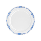9" White / Navy Victorian Design Plastic Plates (120 Count) - Yom Tov Settings
